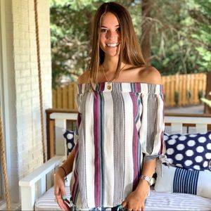 THML Striped off the shoulder top w tie sleeves